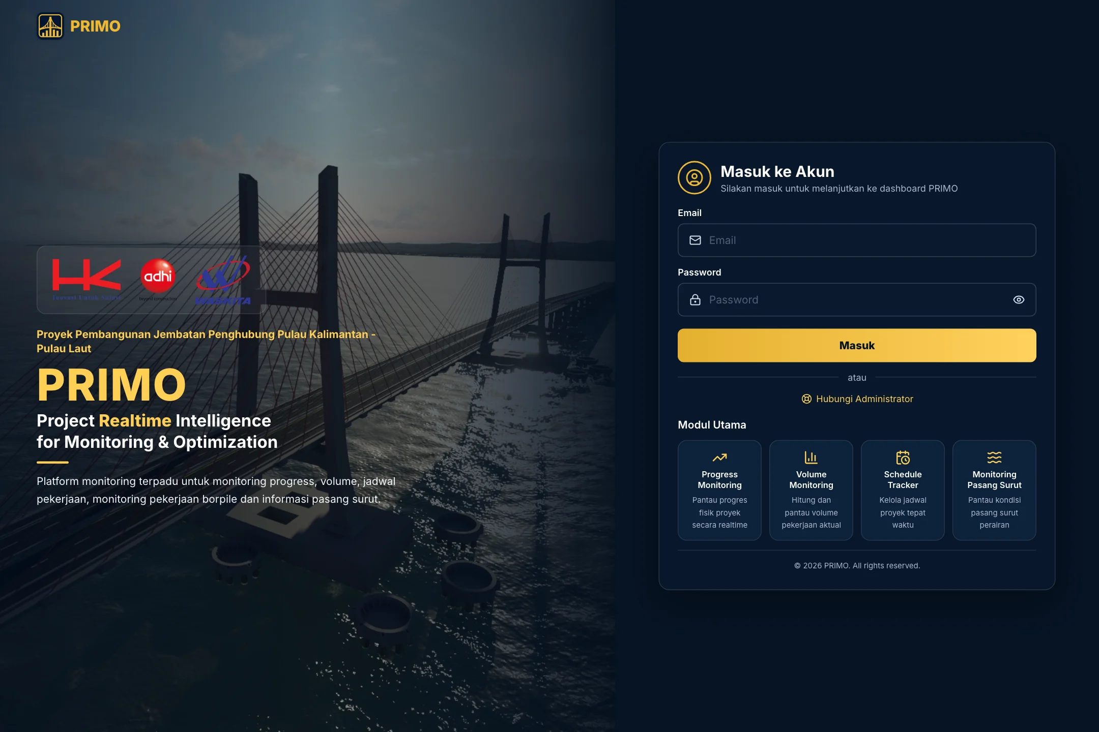 PRIMO construction project monitoring login screen